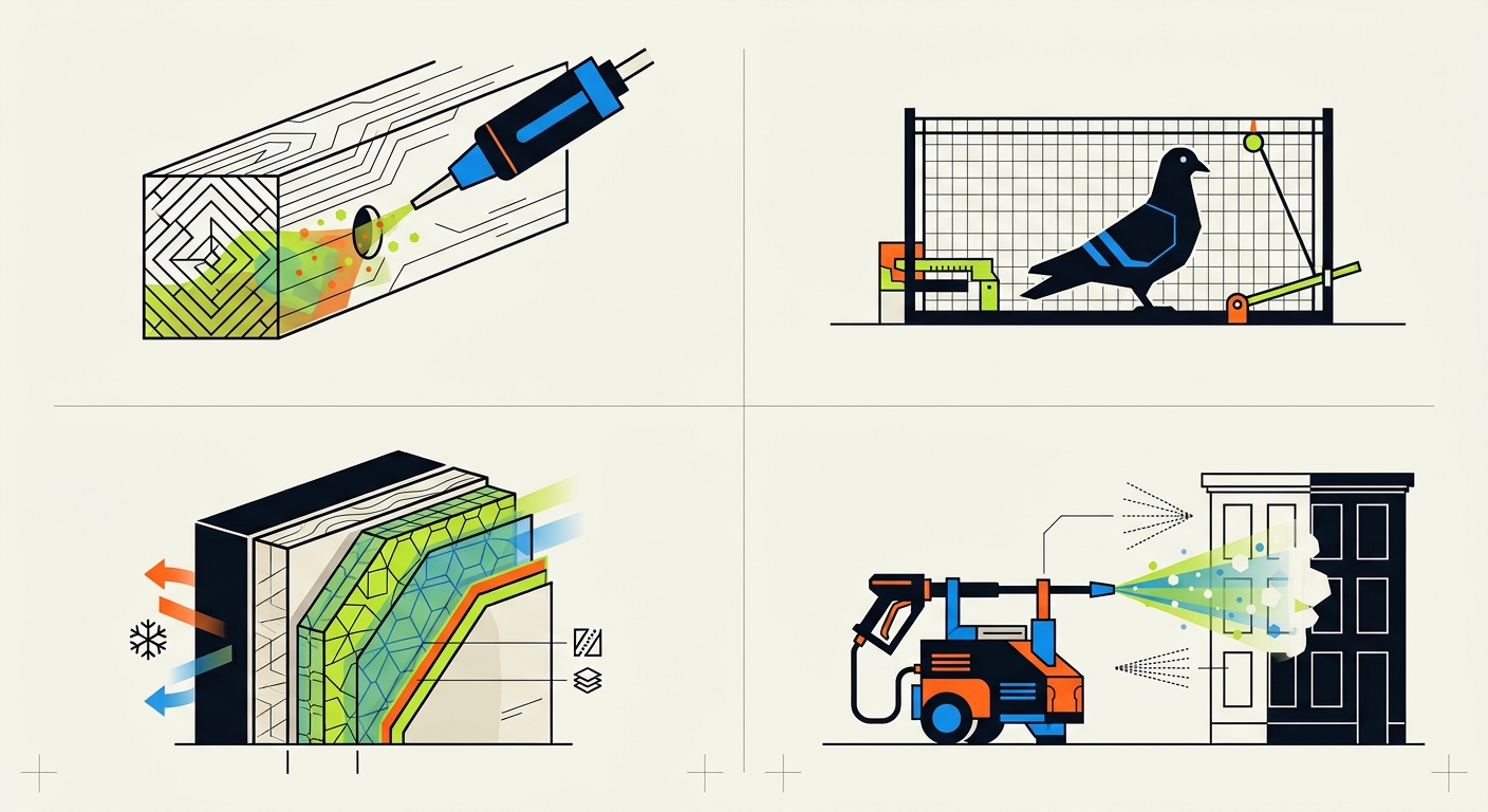 Illustrations techniques du traitement du bois, de la protection anti-pigeons, de l’isolation et de la désinfection de bâtiment