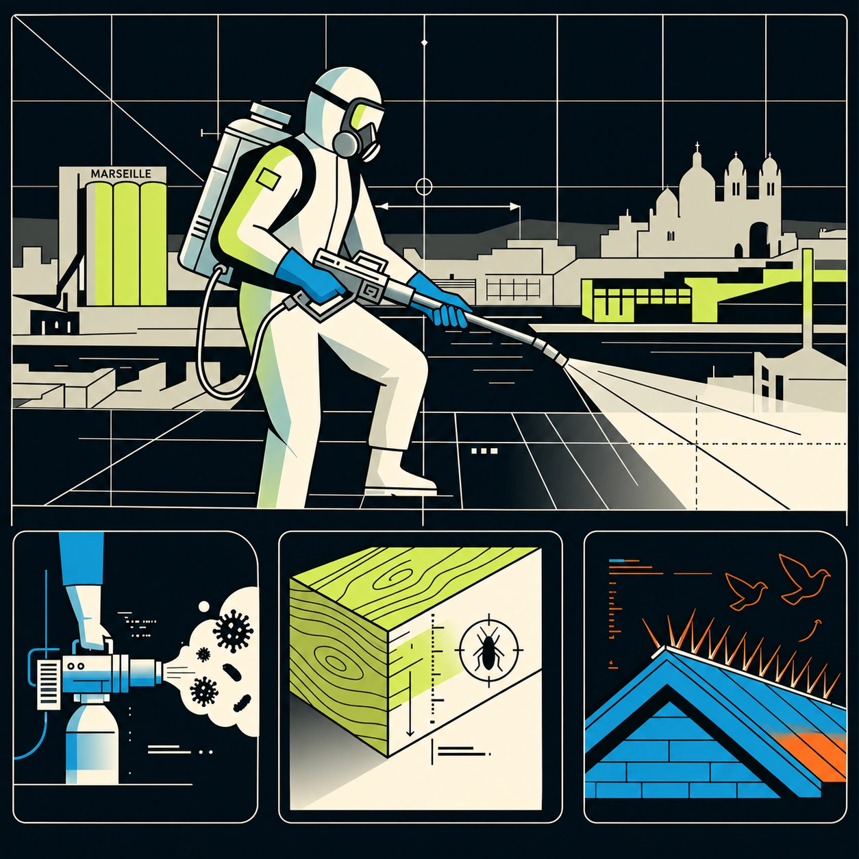 Illustration technique d'un professionnel anti-nuisibles intervenant à Marseille